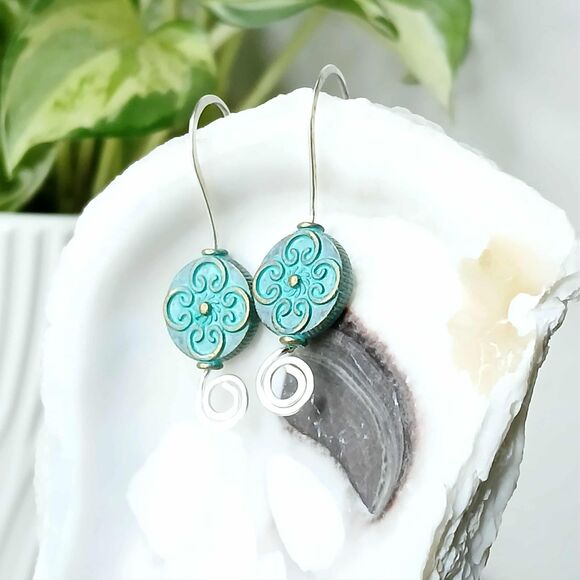 Hammered Boho Chic Antiqued Dangle Earrings, Artisan Jewelry, 1.5" - Picture 2 of 4